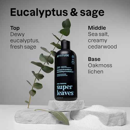 ATTITUDE Men's Shampoo and Conditioner 2-in-1, Scalp Care for Build Up & Oily Hair, Refresh With Peppermint & Willow Extract, 97% Natural Origin Ingredients, EWG Verified, Eucalyptus & Sage, 14 Fl Oz
