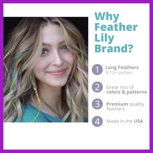 Hair Feathers in Rainbow Tie Dye Bright Colors, 20 Long Feathers with beads and loop tool DIY kit, Grizzly Rooster Feather Hair Extensions