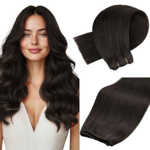 MAXITA Sew in Hair Extensions Real Human Hair, Weft Hair Extensions Human Hair, #2 Dark Brown 16 inch 80g Double Weft Remy Silky Sew in Weft Hair Extension Human Hair