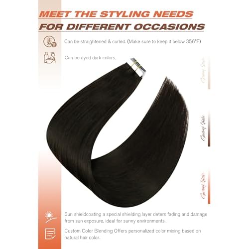 Sunny Hair Tape in Hair Extensions Real Human Hair Invisible Remy Hair Extensions Tape ins for Women Darkest Brown 24 inch 20Pcs 50G