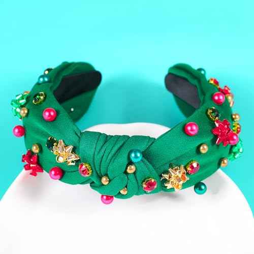 Christmas Jeweled Headbands for Women Girls Christmas Outfits Accessories Xmas Bow Rhinestone Pearl Knotted Headband Red Green Wide Top Knot Hairband Fancy Holiday Gifts