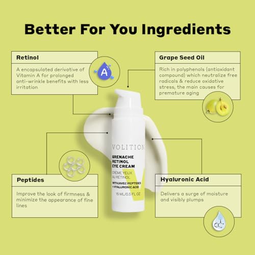 Volition Beauty Grenache Retinol Eye Cream with Peptides + Hyaluronic Acid | Gentle, Effective Formula for Crow's Feet & Firmer Undereye Area | Moisturizing Eyecare to Smooth Fine Lines & Wrinkles