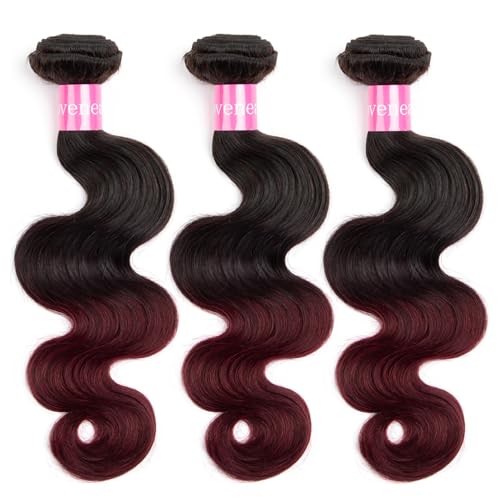 Ombre Brazilian Virgin Hair Body Wave Human Hair Bundles 12+14+16 inch 3 Bundles 100% Virgin Hair Bundles 2 Tone Black to Burgundy Human Hair Weave(12 14 16, T99J#)