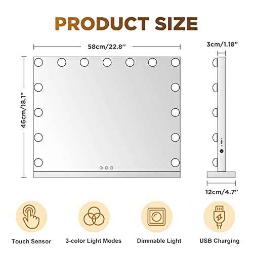 Hollywood Vanity Mirror with Lights, 15 Bulbs 23 x 18 Inch Makeup Mirror with USB Charging and 10x Magnification, Touchscreen 3 Lighting Modes