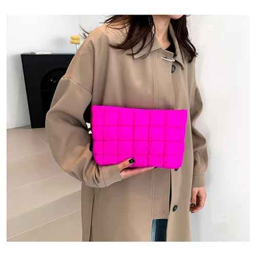 Soft Checkered Quilted Puffy Makeup Bag for Women, Aesthetic Puffer Cosmetic Bag Pouch for Purse (Hot Pink)