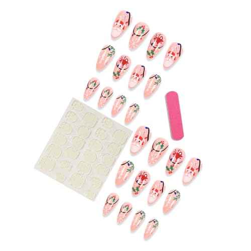 Christmas Press on Nails Long Almond Fake Nails Cute Xmas Nails Press ons with Santa Candy Elk Snowflake Winterberry Design Full Cover Stick on Nails for Women Manicure,Glossy | Reusable | 24Pcs