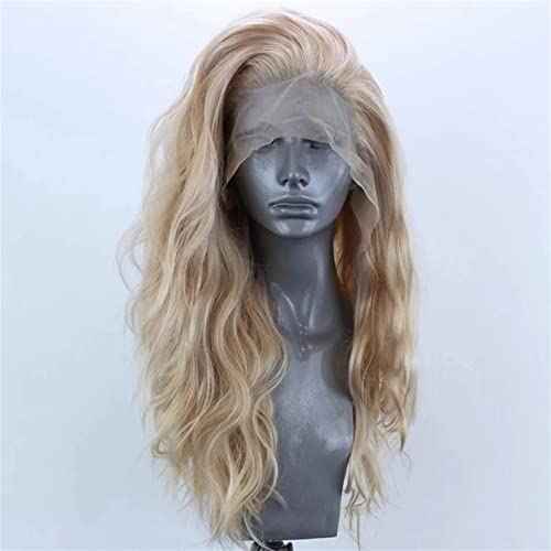 ELESTY Long Natural Curly Glueless Lace Front Wig Gloden Blonde Synthetic Lace Front Wigs for Women Left Part Glueless Heat Resistant Fiber Hair Daily Party Wig ¡¦