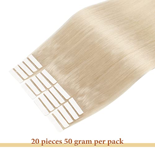 Lovrio 22" 20pcs 50g Tape in Human Hair Extensions Color 60 Platinum Blonde Prime Silky Straight Skin Weft Remy Human Hair