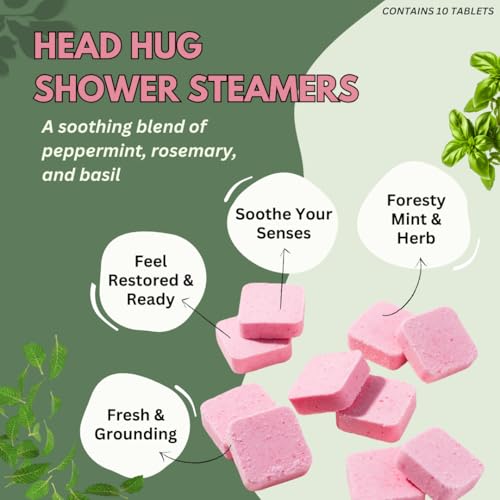 Head Hug Shower Steamers Aromatherapy for Relief - Christmas Gift - Adult Stocking Stuffer - USA Made - Peppermint & Rosemary Shower Bomb Tablets - Soothing Natural Essential Oils (10 Pack)