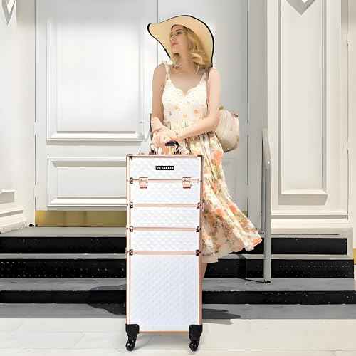 VETALLO Rolling Makeup Train Case, 5-in-1 Travel Makeup Case Organizer I Large Makeup Case with Key Swivel Wheels I Makeup Train Case for Manicurists Hairstylists Esthetician I White