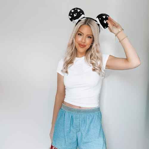 3D Black Mouse Ears Headband with Beads Pearls, Satin Bow Hairband Fashion Photogrphy Prop for Women Girls