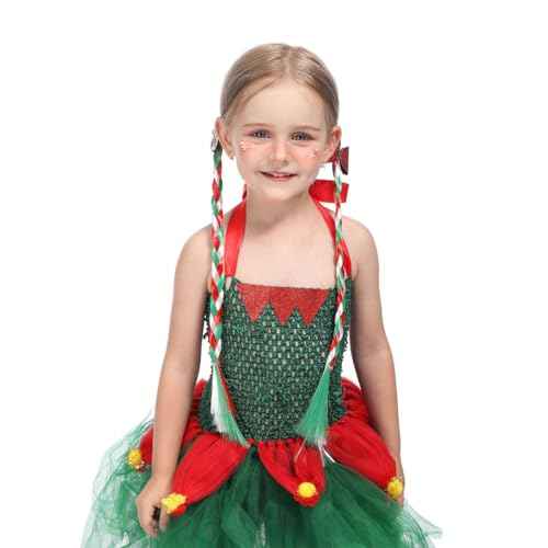 Christmas Long Braided Ponytail Extension with Hair Straight Wrap Around Red White Green Ponytail Hair Extensions Hair Tie Soft Healthy Synthetic Hair Piece for Women Girls Xmas Holiday (E)