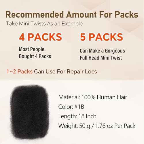 Afro Kinkys Bulk Human Hair -100% Real Human Hair for Mini Twist, Braiding, Loc Extensions & Crochet, Kinky Curly Hair Bundles, Natural Afro Bulk for Dreadlocks(1B, 18 Inch(Pack of 1))