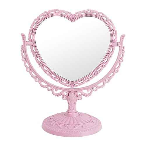 Pink Heart Mirror for Desk Cute Coquette Room Decor Small with Stand,Vanity & Bathroom Double-Sided Rotating Makeup Table Mirror
