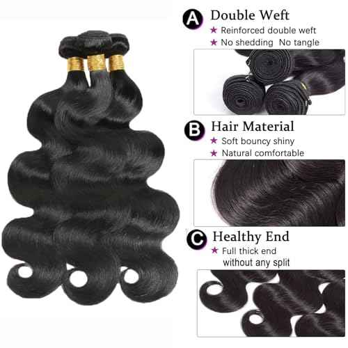 Body Wave Human Hair Bundles 16 18 20 Inch 100% Unprocessed Brazilian Virgin Hair Weave 3 Bundles Human Hair Weft Body Wave Hair Extension for Black Women Natural Black