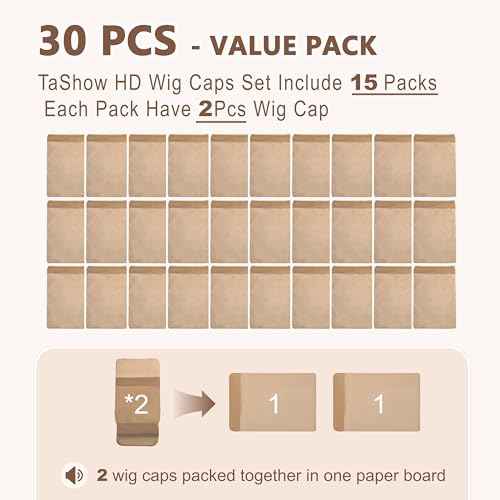 TaShow 30 Pcs Wig Caps for Women Lace Front, Ultra Thin Stocking Cap for Women, Breathable Wig Cap for Long Thick Hair, Wig Caps with Elastic Band Transparent