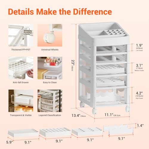5 Tier Floor Makeup Organizer Storage with Detachable Compartments, Organized Arrangement, Transparent Standing Makeup Organizer, Makeup Storage Cart, No Complex Assembly