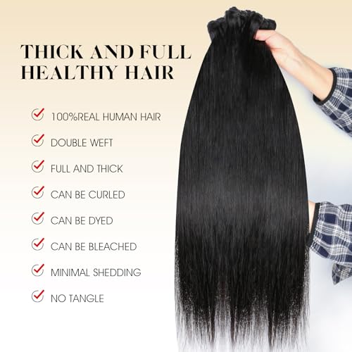 16A Straight Human Hair Bundles 100% Unprocessed Brazilian Virgin Hair, Natural Black Double Weft Extensions, Soft Remy Straight Weave 3 Bundles Deals (14 16 18 Inch)