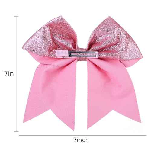 KISZU Hair Clips, Large Big 7inch Sequin Glitter Cheer Bow Clips for Women and Girls, Jumbo Giant Bow Clips Ponytail Holder Big Hair Clips Costume Accessories, Pink