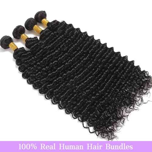 28 Inch Deep Wave Human Hair Bundles 1 Bundles Deep Wave Bundles 100% Unprocessed Brazilian Virgin Hair Curly Bundle Hair Extensions Real Human Hair Wavy Quick Weave Bundle Natural Black