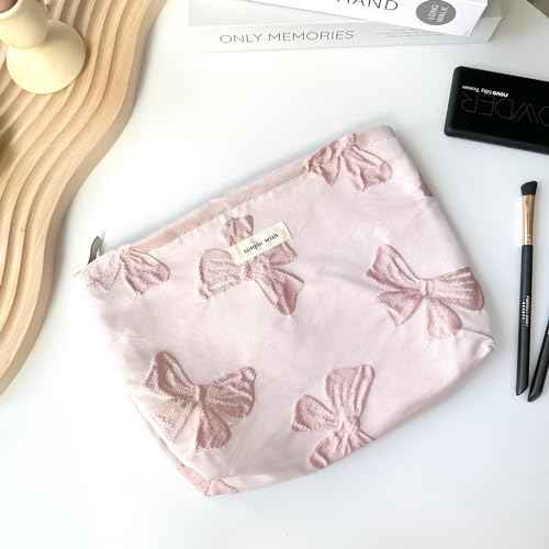 Pink Bow Makeup Bag for Purse Zipper - Large Capacity Canvas Cosmetic Organizer, Coquette Preppy Travel Toiletry Pouch for Women and Girls Gift Idea