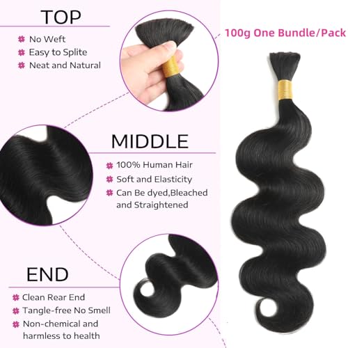 Caijuxing Human Braiding Hair 1 Bundle 100g Body Wave Bulk Human Hair for Braiding No Weft 12A Brazilian Virgin Curly Human Hair Extensions for Boho Braids 100% Remy Human Hair Extensions (26 Inch)