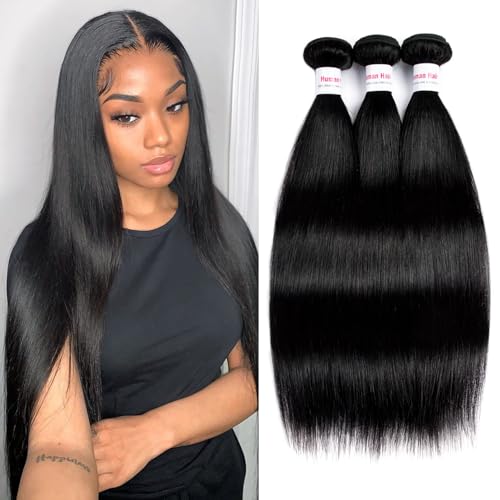 12A Straight Bundles Human Hair 16 16 16 Inch 100% Unprocessed Brazilian Virgin Hair Bundles Straight Hair 3 Bundles Weave Bundles Human Hair Extension