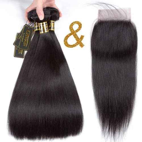 QTHAIR 16A Virgin Hair Brazilian Straight Hair Bundles with 4X4Lace Closure (12'' 14'' 16''+10'') 100% Unprocessed Straight Brazilian Virgin Hair Weave Natural Color