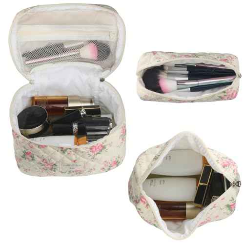 Cute Makeup Bag for Women(3 Pcs), Quilted Floral Coquette Aesthetic Make up Bags, Travel Cosmetic Bags Toiletry Organizer Bag(Pink Flower)