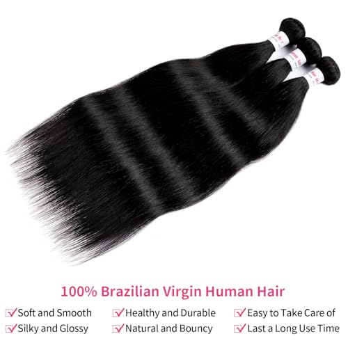 12A Straight Bundles Human Hair 16 16 16 Inch 100% Unprocessed Brazilian Virgin Hair Bundles Straight Hair 3 Bundles Weave Bundles Human Hair Extension