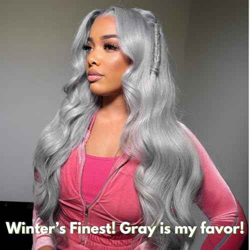Grey 2 Bundles Human Hair Body Wave, 12A Soft and Thick 100% Unprocessed Remy Hair Lavender Silver Gray Human Hair Sew In Quick Weave Bundles Short Wavy Sew In Extension (14/14 Inch, 2PC)