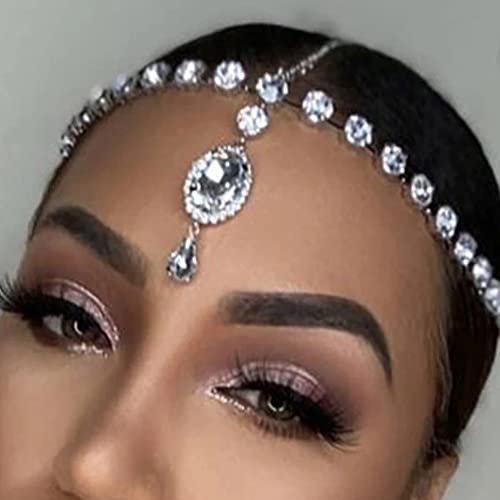 Missgrace Bridal Women Simple Shining Rhinestone Waterdrop Head Chain Headband Headpiece Boho Tassel Forehead Wedding Prom Praty Halloween Hair Chain Accessories for Women Girls (Silver)
