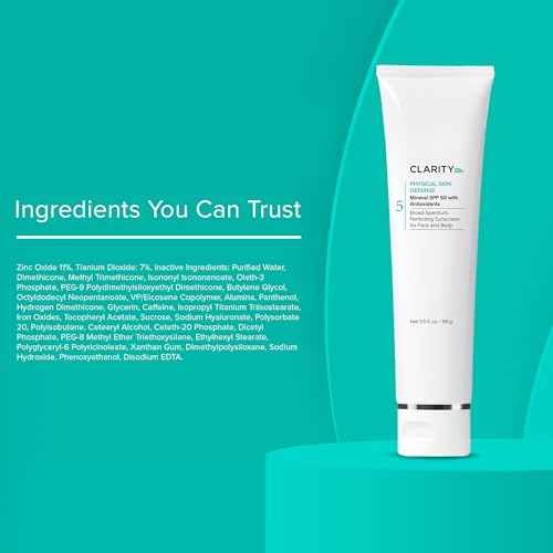 ClarityRx Physical Skin Defense Tinted Mineral SPF 50 Moisturizing Sunscreen, Natural Plant-Based Water-Resistant UV Protection with Zinc & Hyaluronic Acid for Face & Body (3.5 oz)