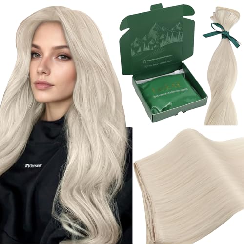 Ugeat Human Hair Extensions Sew in Hair Extensions Blonde Human Hair Weft Extensions Platinum Blonde Long Double Weft Add Length for All-Day Comfort 22 Inch 100G
