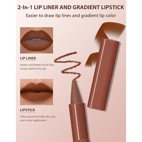 2-in-1 Lip Liner and Lipstick Lip Combo Set, Matte Nude Dark Brown Red Lip Liners, High Pigmented Long Lasting Waterproof Smudge Proof Crayon Makeup 05#