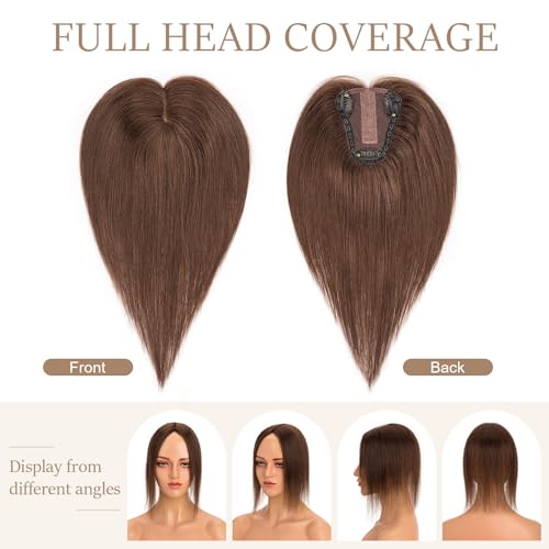 Rich Choices Hair Toppers for Women Real Human Hair 150% Density Clip in Silk Base No Bangs 100% Human Remy Toppper Realistic Scalp Pieces for Women with Thinning Crown 10 Inch #2 Dark Brown