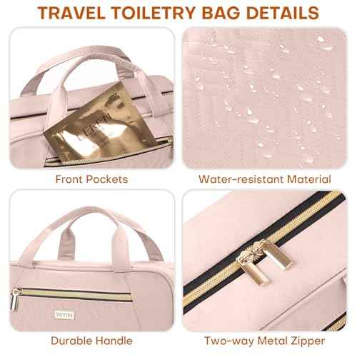 Hanging Toiletry Bag for Women Travel, 2 Sizes Large & Small Waterproof Cosmetic Organizer with 4 Compartments, Rotating Hook, Foldable Pink Travel Bag for Toiletries & Makeup - Medium Pink