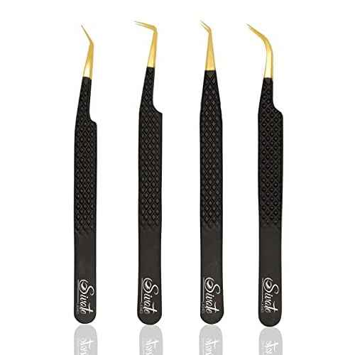 SIVOTE Fiber Tip Lash Tweezers for Eyelash Extensions with Diamond Grip, Black, Set of 4 - Precise Tips Japanese Steel for Classic, Volume & Mega Volume Lashes, Anti-Rust - Ideal for Lash Artists