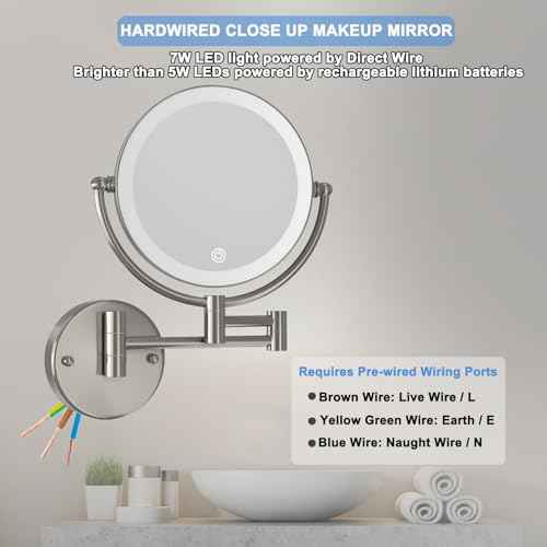 Wall Mounted Lighted Makeup Vanity Mirror with Magnification, 8 Inch Double Sides 10X Magnifying Bathroom Mirror 3 Color Lighting Touch Dimming, Extended Arm Shaving Mirror Hard Wired, Brushed Nickel