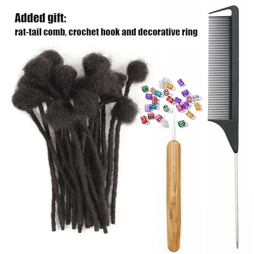 IXIMII 4 inch Human Hair Dreadlock Extensions 0.4cm 60 Strands Handmade Permanent Locs Extensions Soft Natural Black Human Dreads with Comb and Needle for Men Women Kids