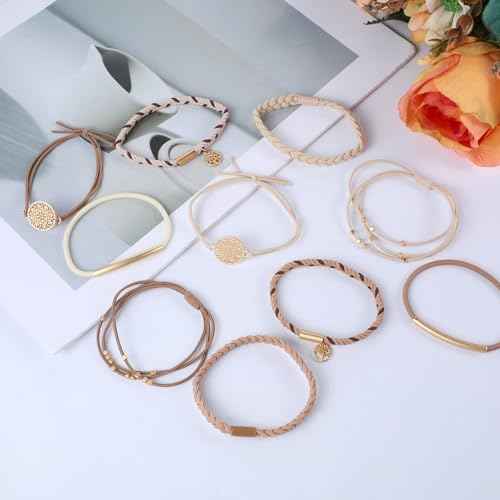 Hair Ties Bracelet for Women, 10 PCS 5 Styles Boho Dual-Use Bracelet and Hair Tie Stylish Soft Braided Hair Bands Elastic No Damage Hair Ties for Thin & Thick Hair Pony Tails (Beige Brown)