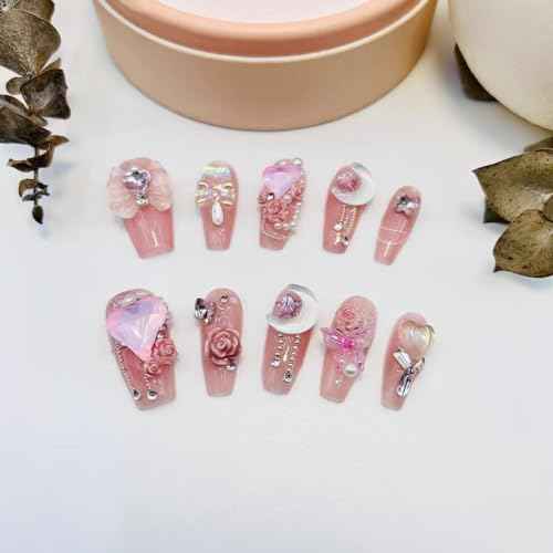 Generic Long false nails£¬Luxury & Custom Fake Nails, Hand-Painted Nails Design by Professional Nail Artist Salon Acrylic Nail Kit With Gift Box 10 PCS. (4-ÝÏßä?à´-M, г?), Pink Gemstone-M