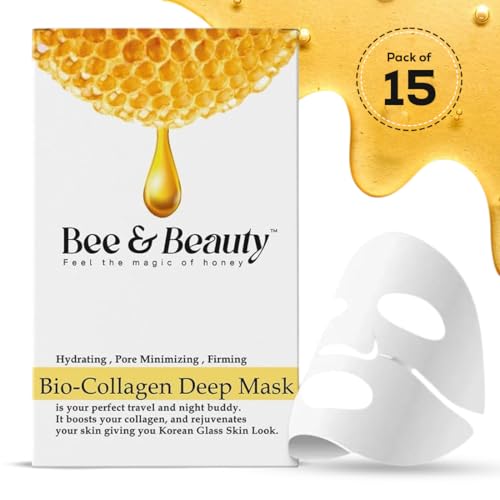 Bee & Beauty Bio Collagen Overnight Mask Pack Of 15 Korean Face Mask For Glass Skin Sheet Mask For Deep Hydration, Pore Minizmizing With Goodness Of Honey