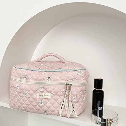 Travel Cosmetic Bag Cotton Makeup Bag Ladies, Quilted Toiletry Bag with Beautiful Floral Pattern, Cosmetic Bag Large Capacity, Make up Bag Wash Bag Portable for ladies or child (02-b)