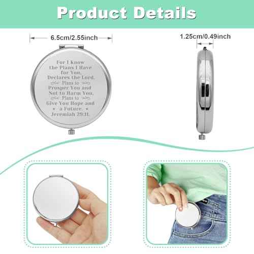 Religious Gifts for Women Travel Makeup Mirror Inspirational Christian Encouragement Present Religious Scripture Gifts Compact Makeup Mirror Retirement for Women Silver
