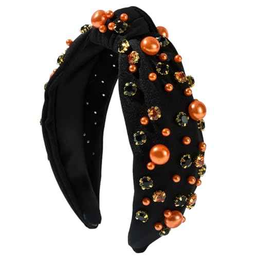Halloween knotted Headband for Women Fashion Black Rhinestone Pearl Headband Hair Accessory, Costume Party Outfits Gifts