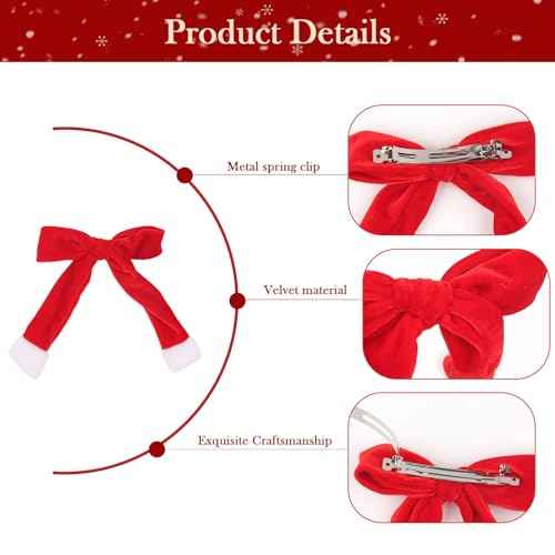 Christmas Hair Bow Clip Velvet Red Hair Clips for Girls, Long Tail Hair Bows Hairpins Winter Xmas New Year Holiday Alligator Hair Barrette for Costume Outfits Party Favors Gifts