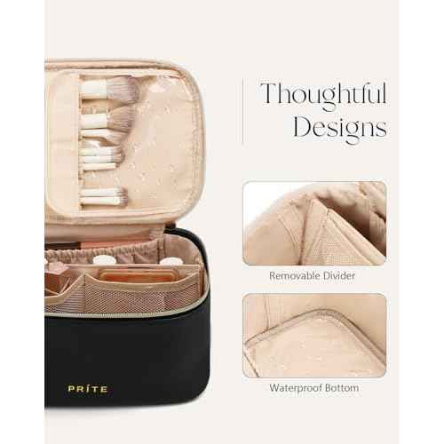 Prite Makeup Bag Portable Cosmetic Organizer with Brush Holder Waterproof Travel Toiletry Bag for Women with Handle and Divider (Black)