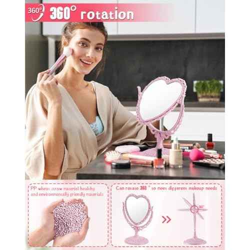 Pink Heart Mirror for Desk Cute Coquette Room Decor Small with Stand,Vanity & Bathroom Double-Sided Rotating Makeup Table Mirror