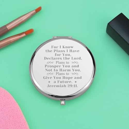 Religious Gifts for Women Travel Makeup Mirror Inspirational Christian Encouragement Present Religious Scripture Gifts Compact Makeup Mirror Retirement for Women Silver